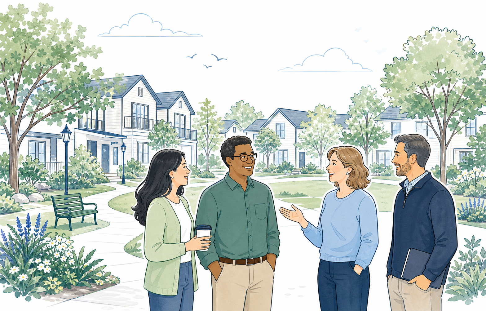Neighbors talking together in a landscaped condominium courtyard